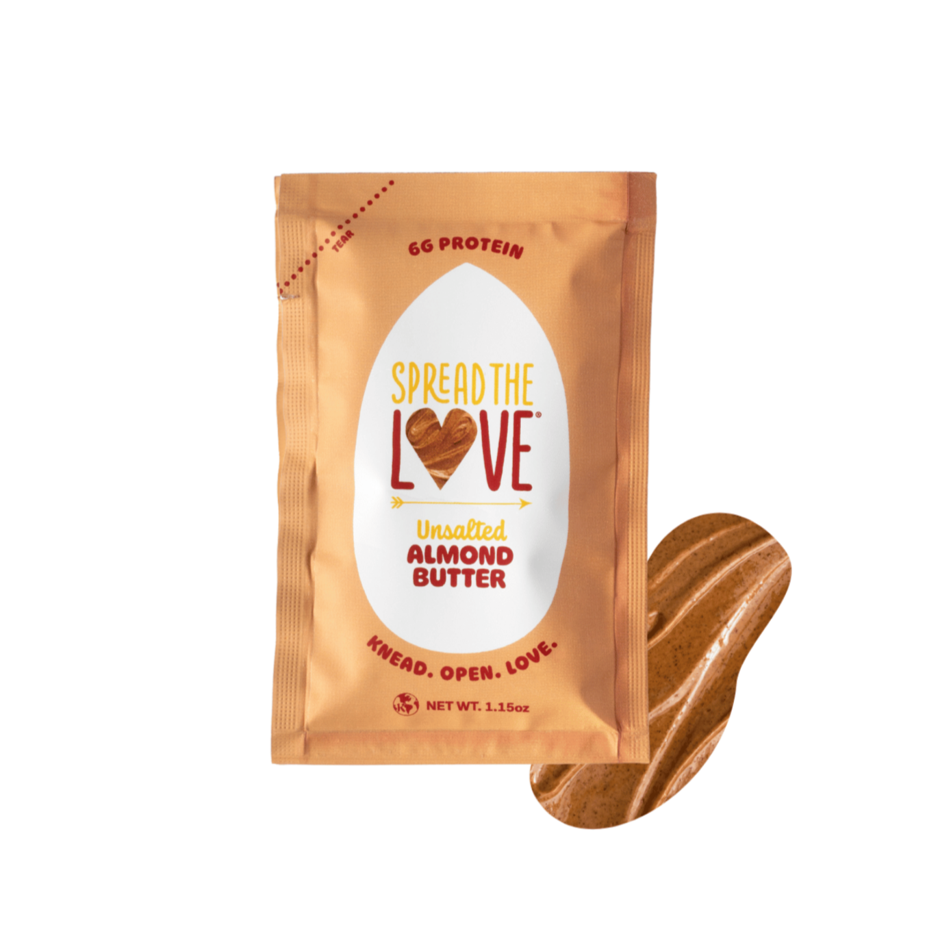 Spread The Love Almond butter packet with a spoonful of almond butter on a white background