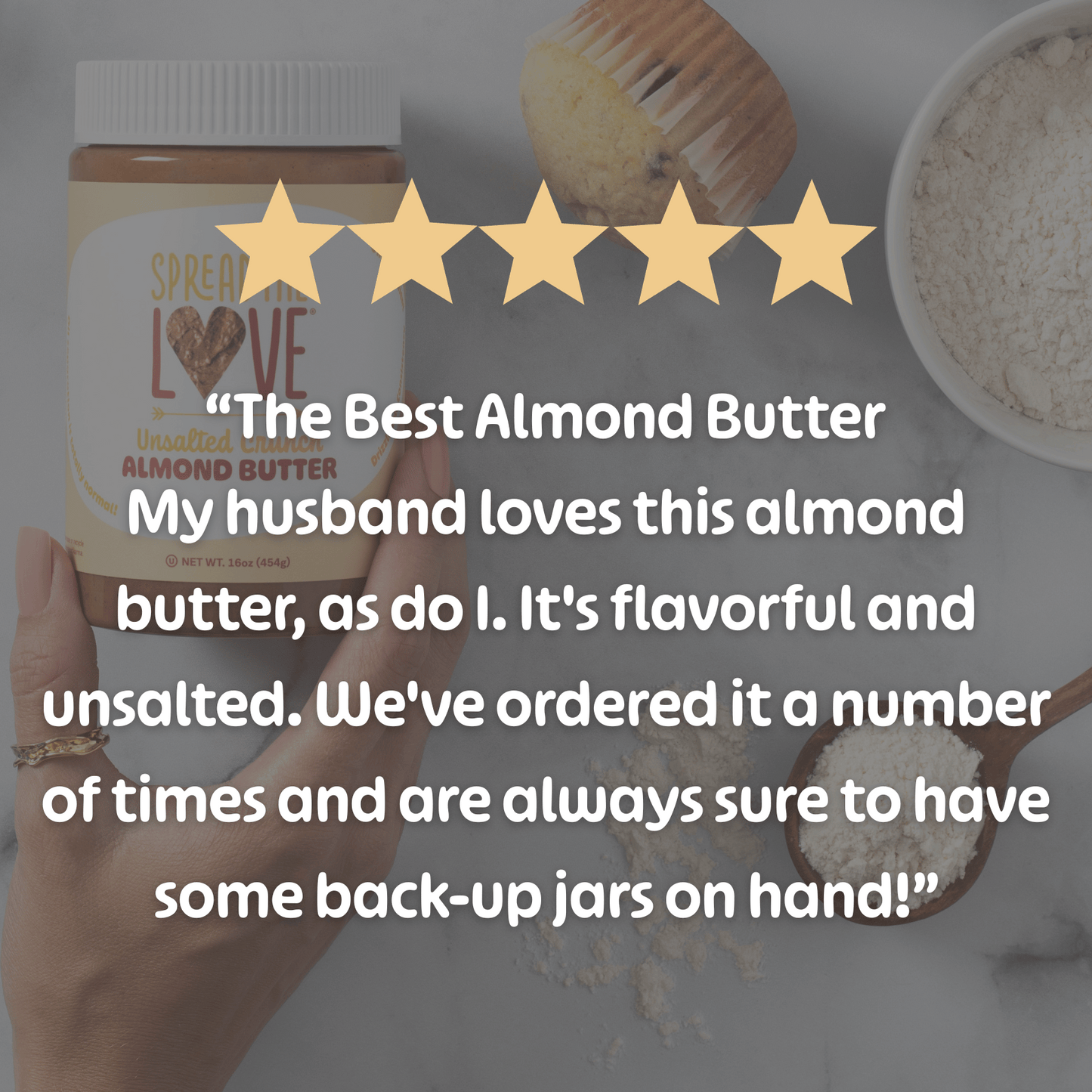 Spread The Love Almond butter jar with five-star rating and customer review text.