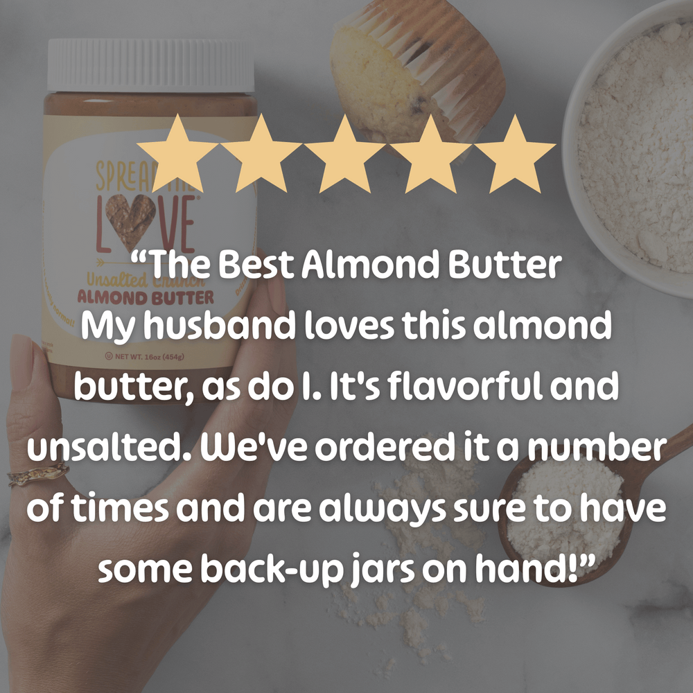 
                  
                    Load image into Gallery viewer, Spread The Love Almond butter jar with five-star rating and customer review text.
                  
                